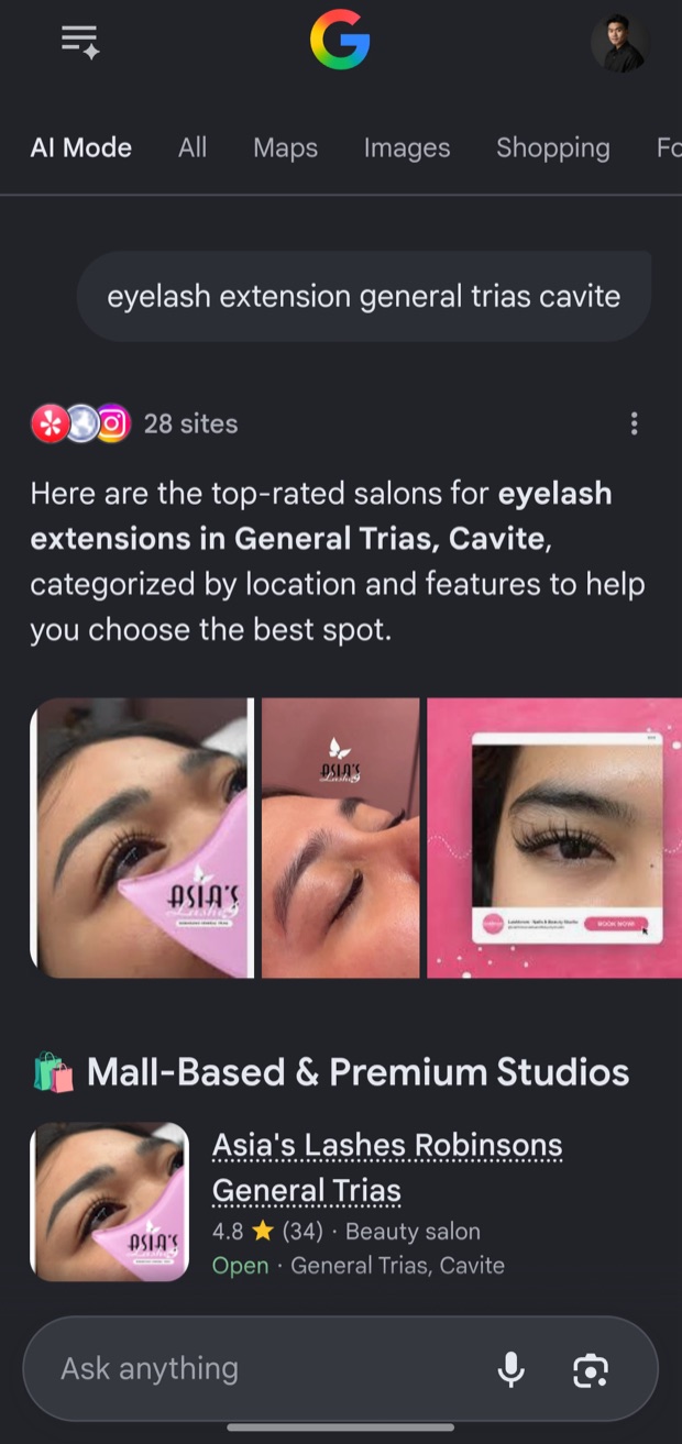 Google AI Mode naming Asia's Lashes as a premium studio
