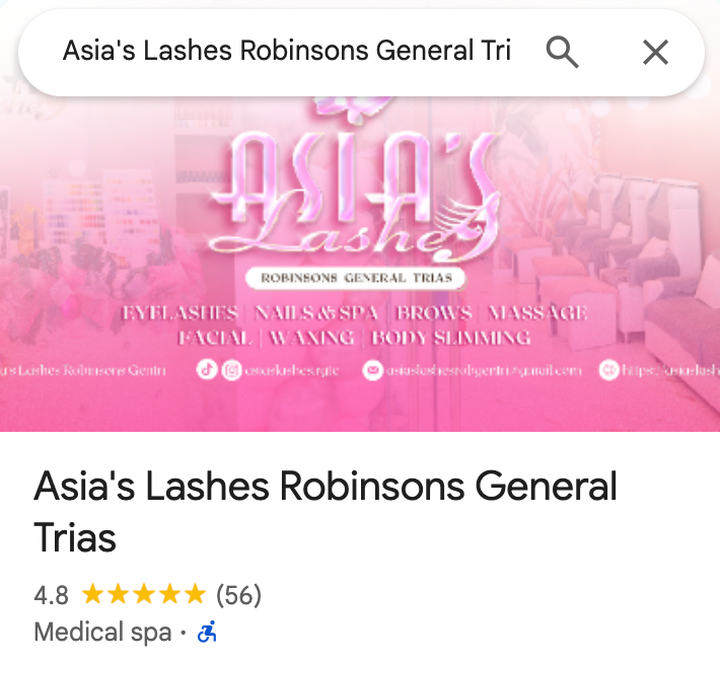 Asia's Lashes Google profile at 56 reviews