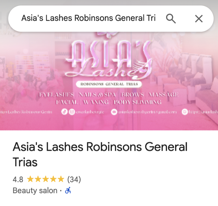 Asia's Lashes Google profile at 34 reviews