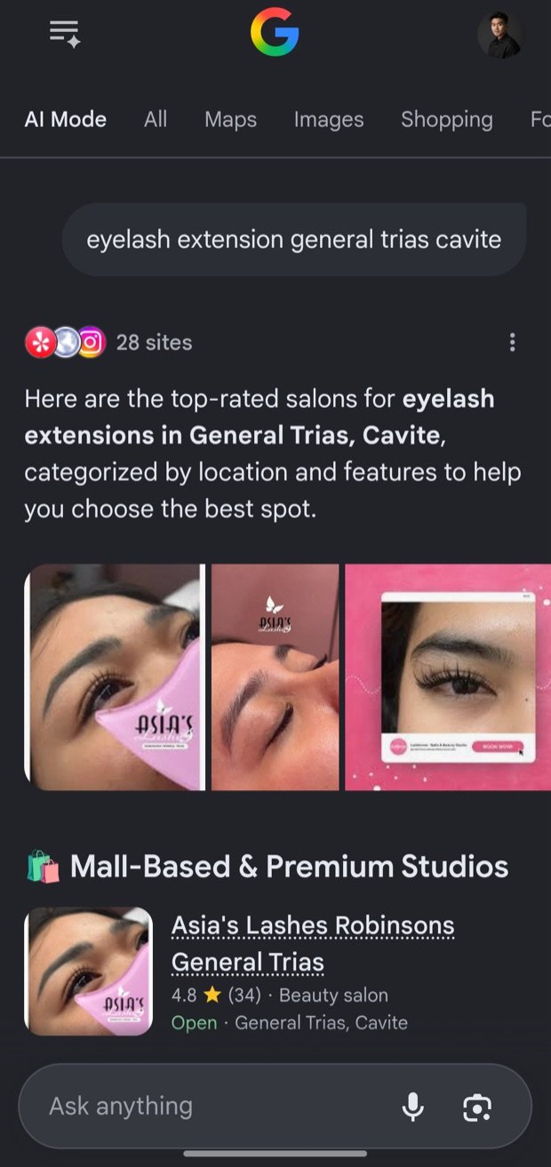 Google AI Mode naming Asia's Lashes as a premium studio