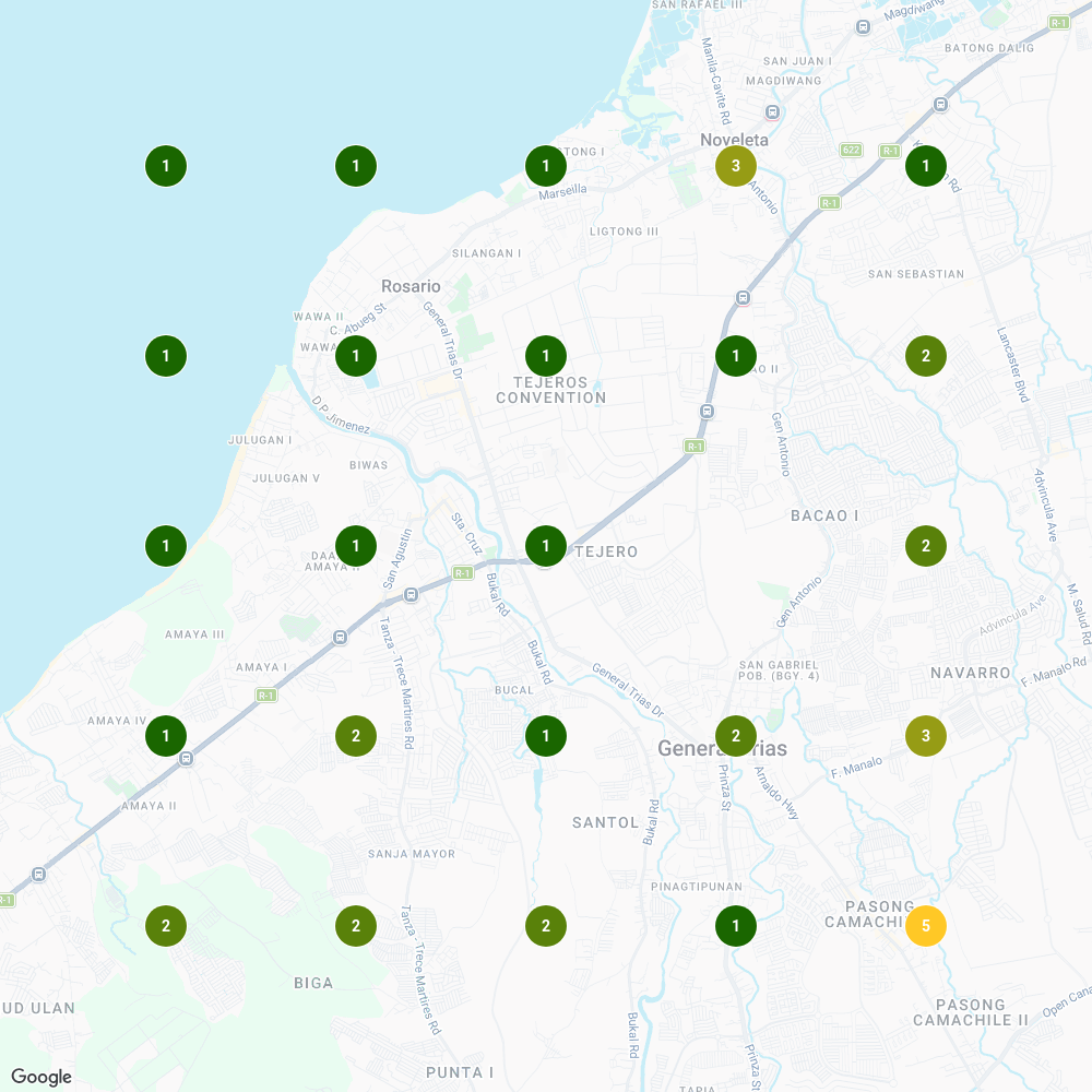 Local Falcon geo-grid showing Asia's Lashes ranked #1 across nearly all 25 points of its 2-mile catchment for eyelash extensions in General Trias
