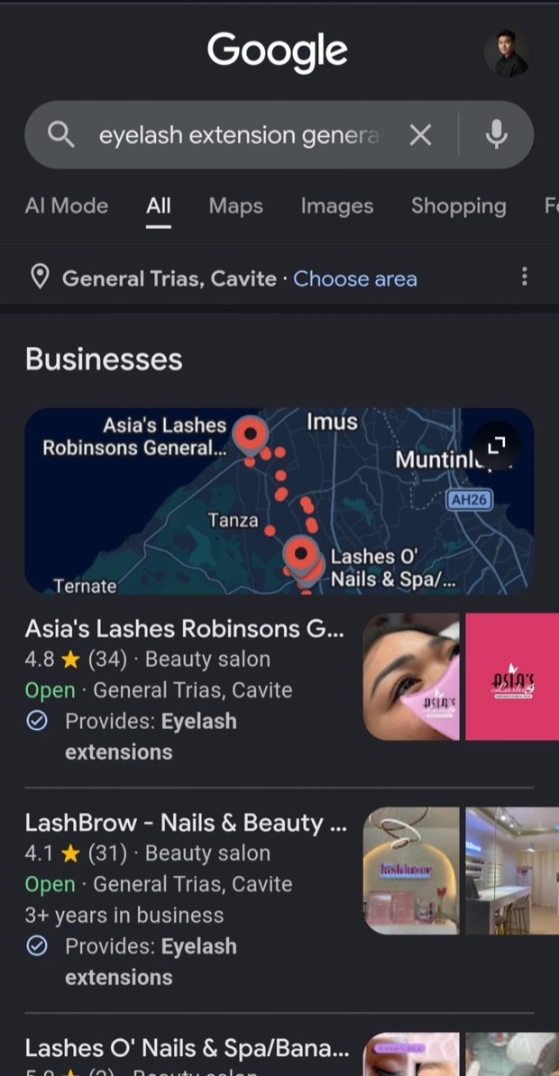 Google Map Pack showing Asia's Lashes ranked #1 in General Trias