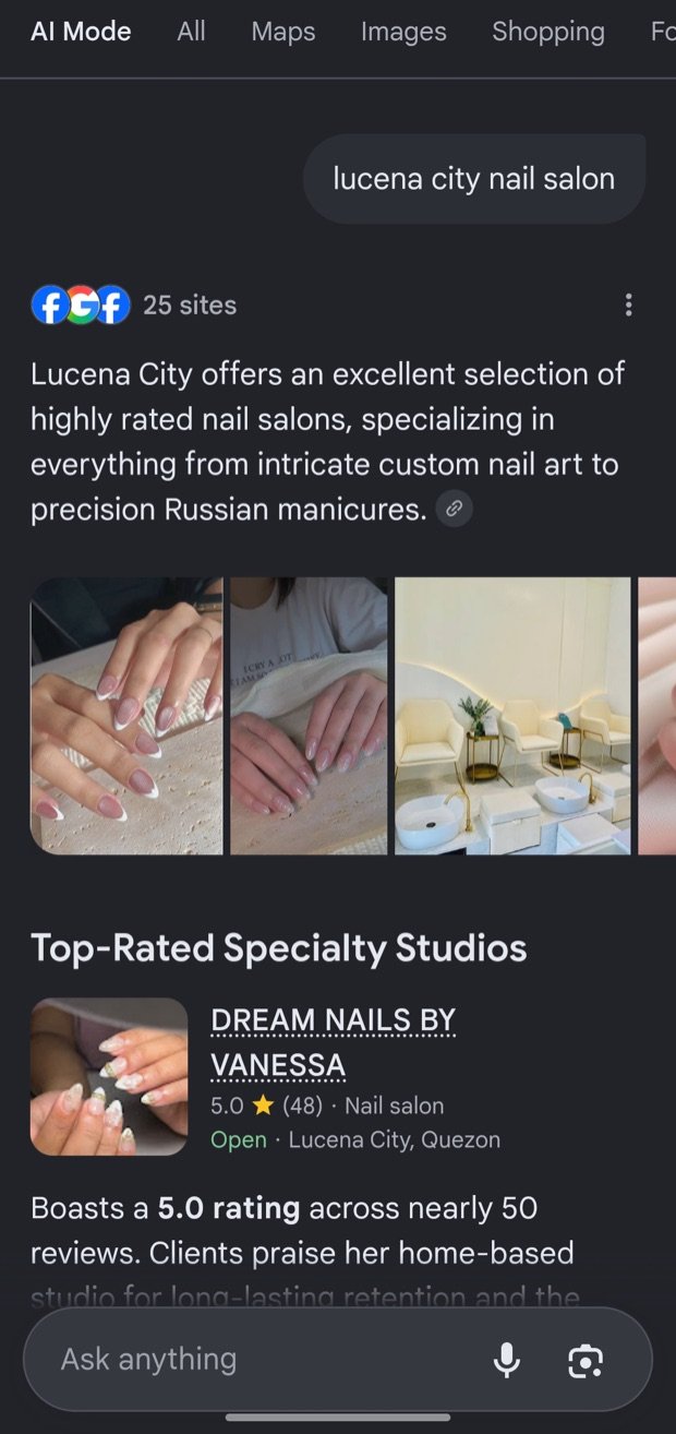 Google AI Mode naming Dream Nails by Vanessa as a top-rated studio