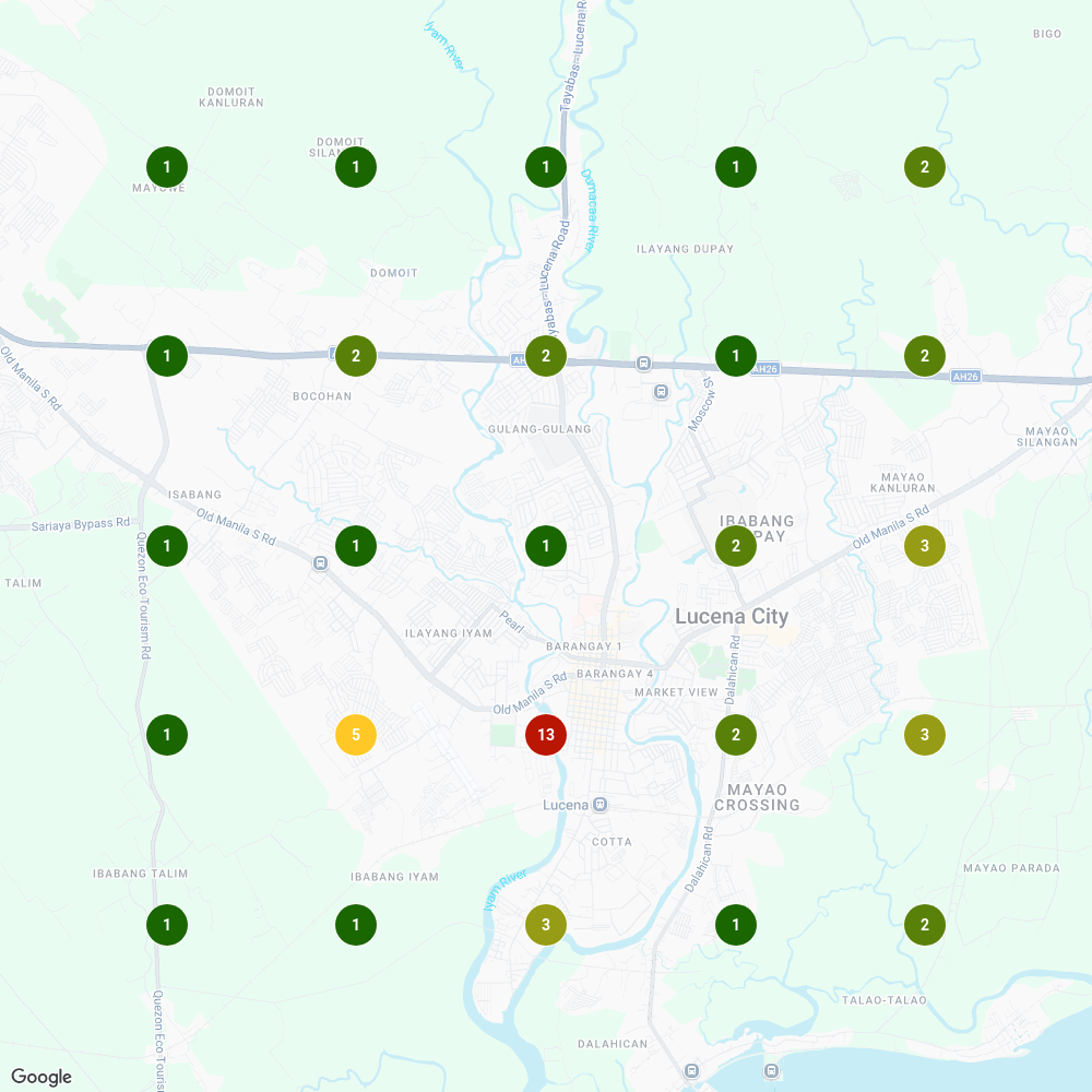Local Falcon geo-grid showing Dream Nails by Vanessa ranked #1 across most of its 2-mile Lucena City catchment for nail salon, on a live 25-point Google grid