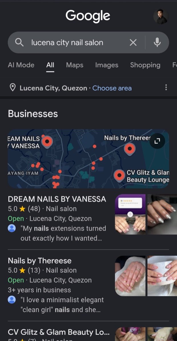 Google Map Pack showing Dream Nails ranked #1 in Lucena City