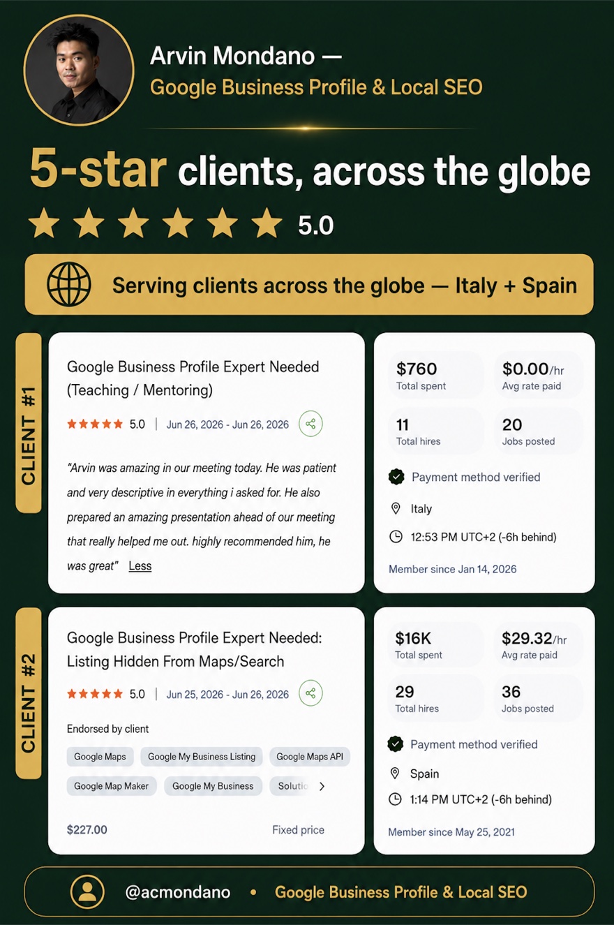 Arvin Mondano's 5-star international clients on Upwork — Italy and Spain, with verified spend, repeat hires and a testimonial