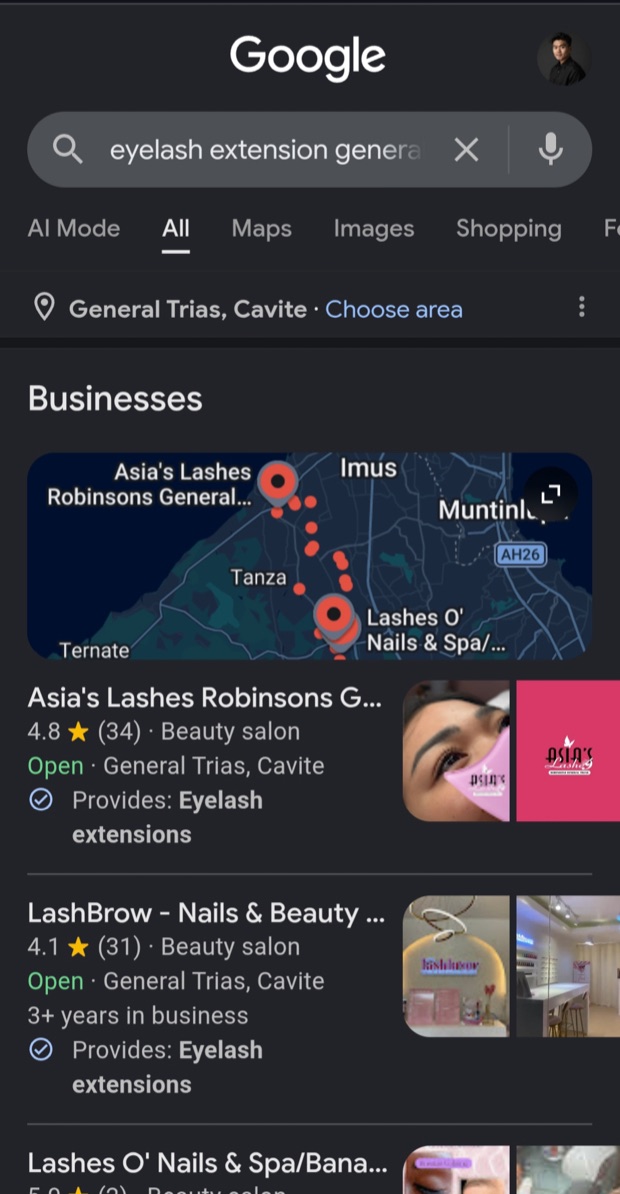 Google Map Pack showing Asia's Lashes ranked #1 in General Trias