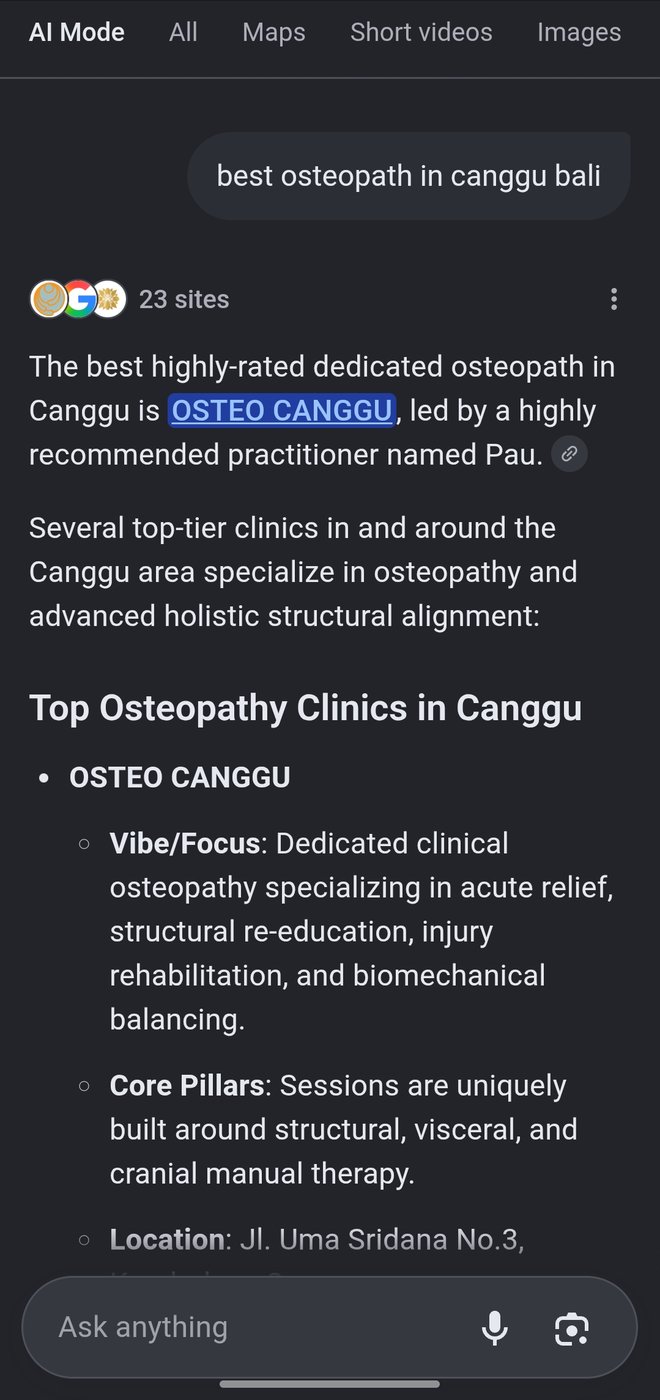 Google AI Mode naming Pau at Osteo Canggu as the best osteopath in Canggu