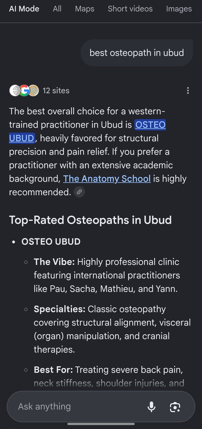 Google AI Mode naming Osteo Ubud among the top osteopathy clinics in Bali