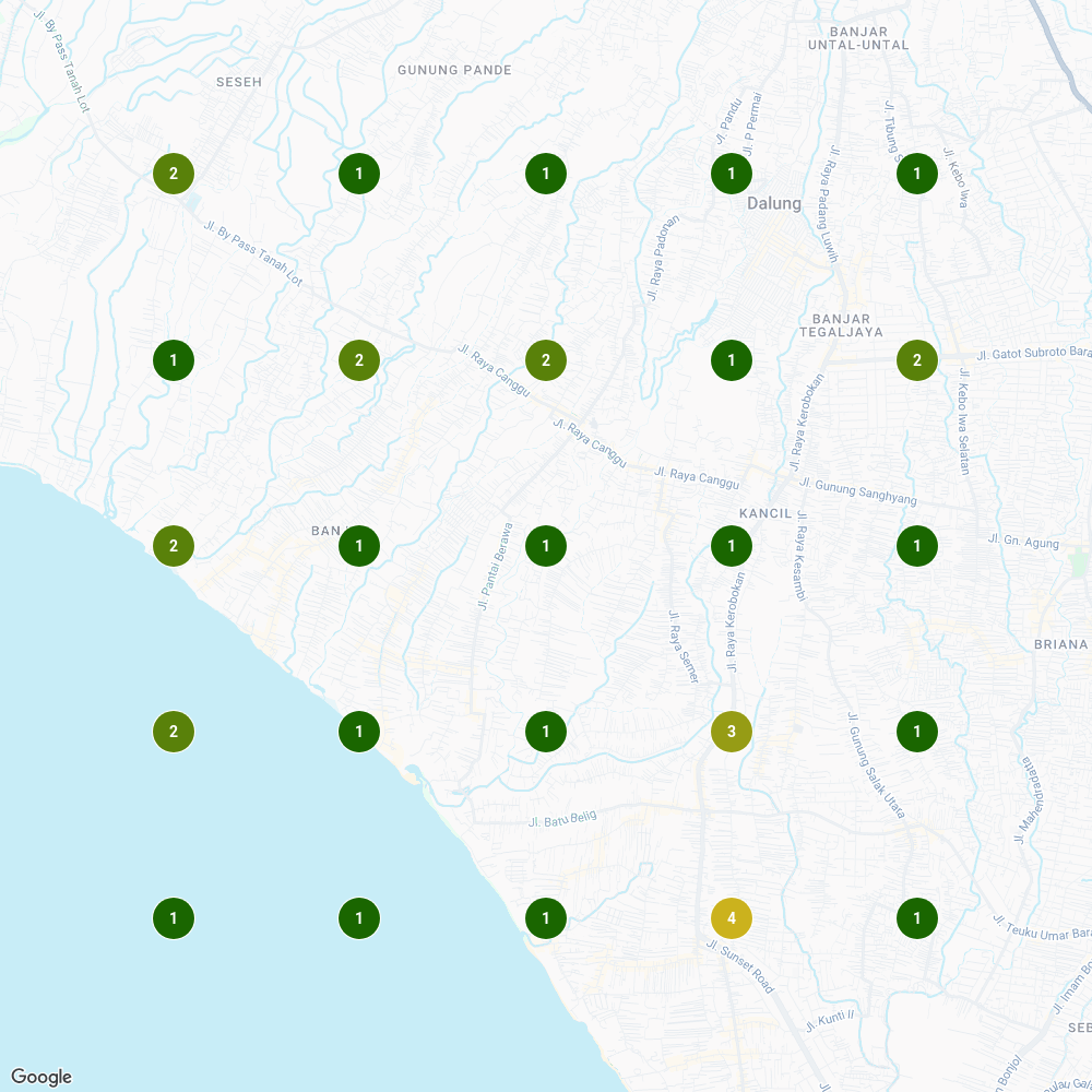 Local Falcon geo-grid showing Osteo Canggu ranked #1 across most of its 2-mile Canggu catchment for osteopath, on a live 25-point Google grid