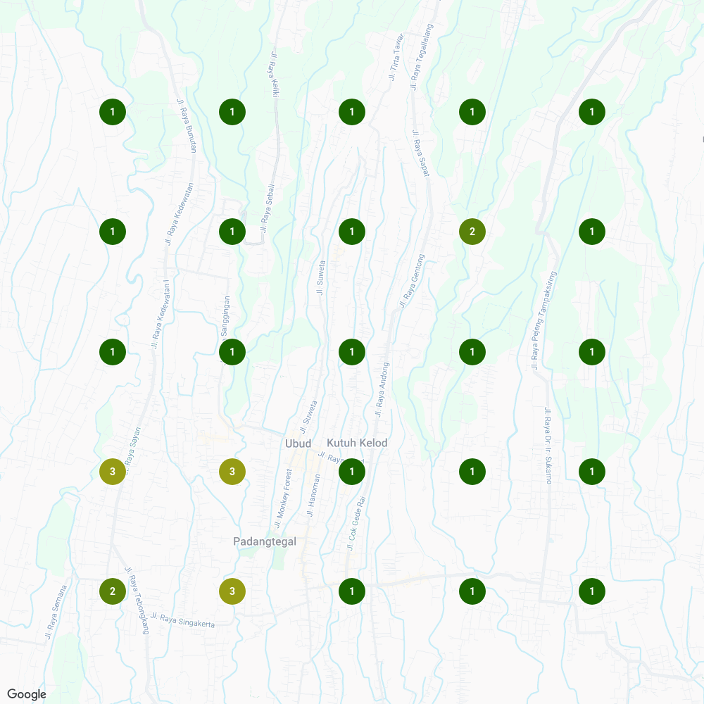 Local Falcon geo-grid showing Osteo Ubud ranked #1 across nearly all 25 points of its 2-mile Ubud catchment for osteopath, on a live Google grid