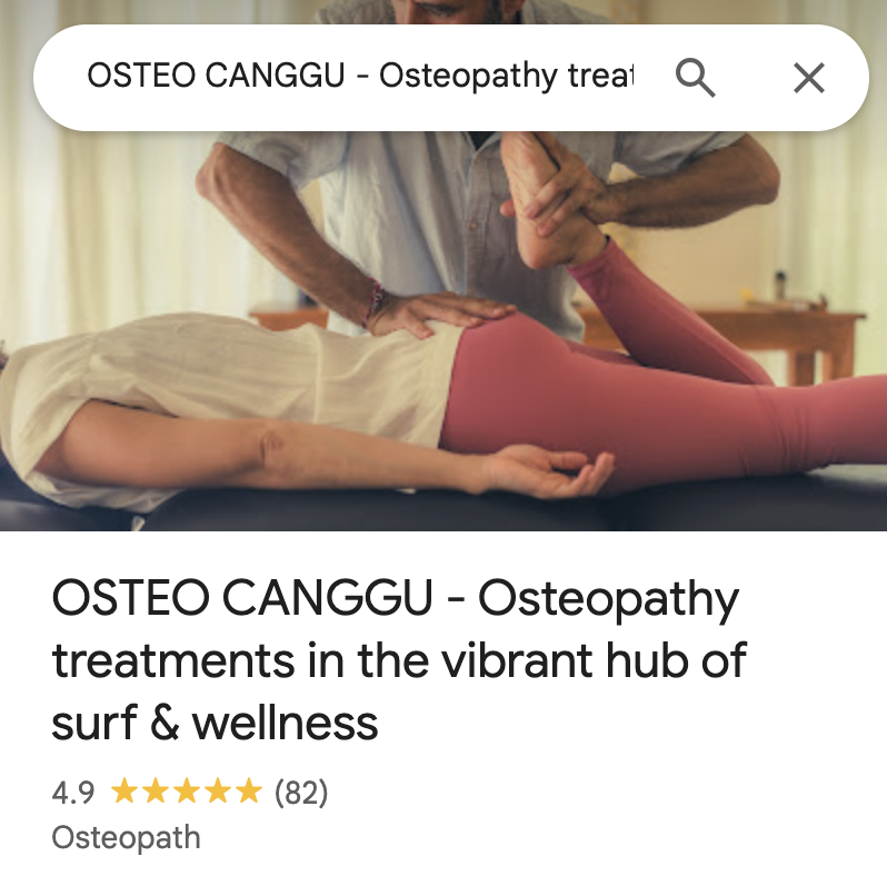 Osteo Canggu live Google Business Profile, 4.9 stars from 82 reviews