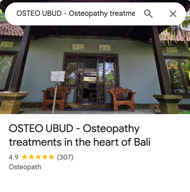Osteo Ubud live Google Business Profile, 4.9 stars from 307 reviews