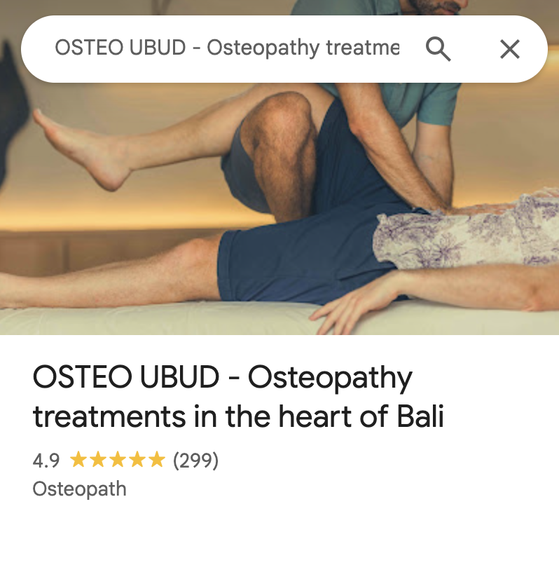 Osteo Ubud live Google Business Profile, 4.9 stars from 299 reviews